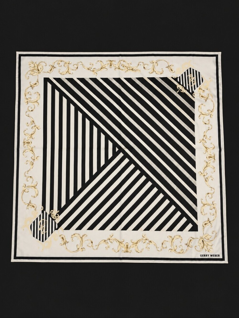 Gerry Weber 1970s Black and White Striped Baroque Hand Rolled Silk Square Scarf